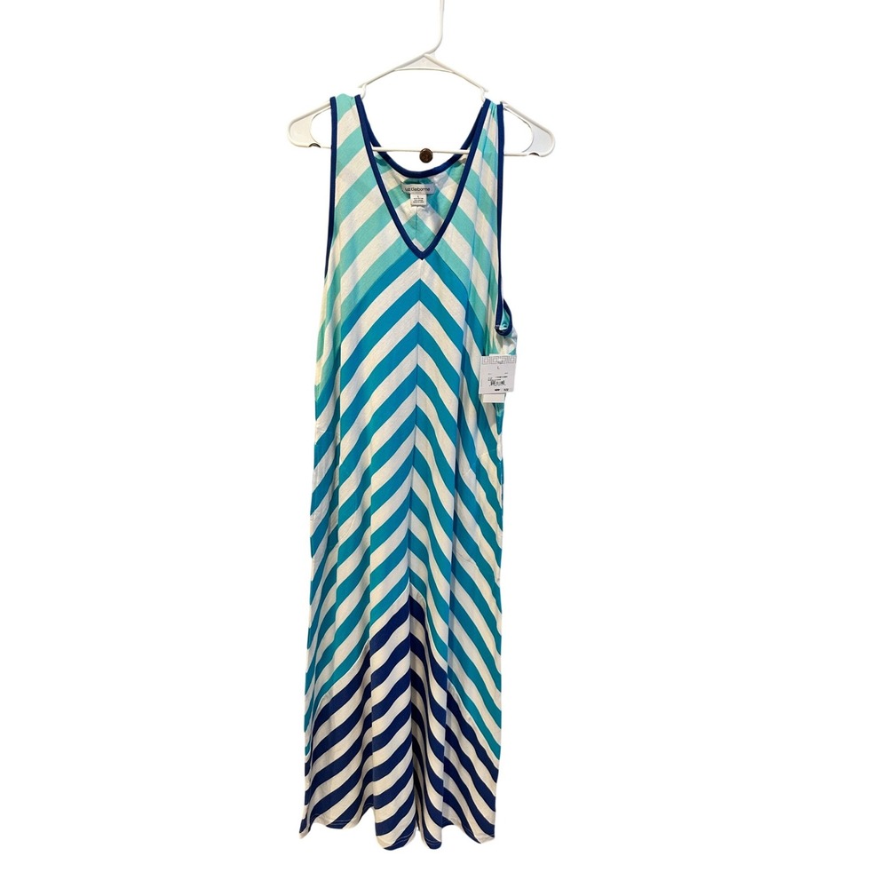 Liz Claiborne Blue Chevron Striped V-Neck Maxi Dress with Pockets Large NWT